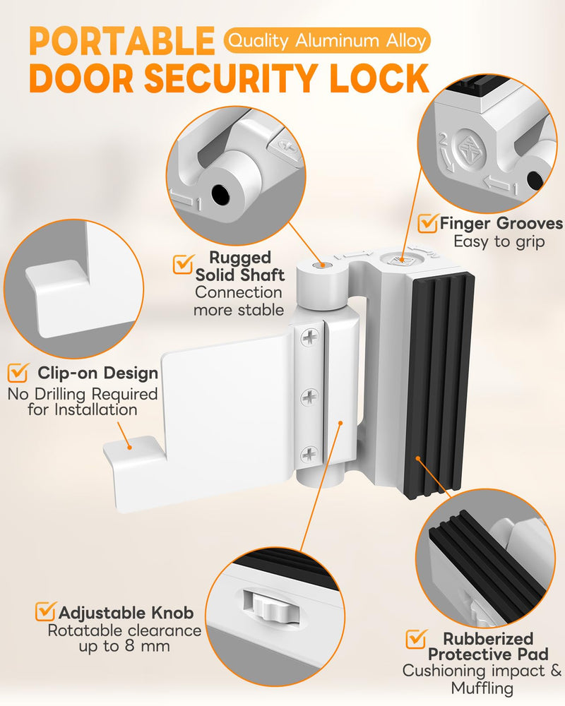 Portable Door Reinforcement Lock for Travel & Home, No Screws Instant Install Safety Lock for Inward Swing Front Door, Hotel, Apartment - Extra Latch from Inside Withstand 800lbs (White-3PCS) White-3PCS