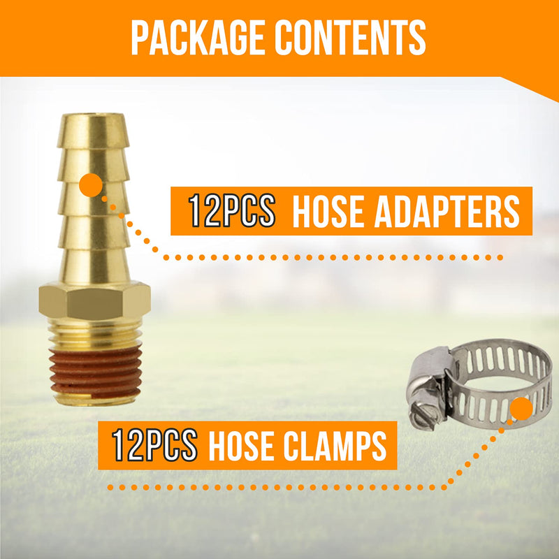 [Australia - AusPower] - SUNGATOR 12-Pack Air Hose Fittings, 3/8" Barb to 1/4" NPT Air Hose Repair Kit with Sealant, 3/8" Barb to 1/4" NPT Air Hose Barb Fitting, Brass Barbed Air Hose Repair Connector with 12 Pcs Hose Clamp 12-Pieces Set 