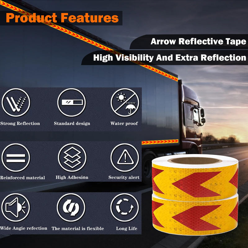 Arrow Reflective Tape 2" Outdoor Waterproof High Visibility Strong Adhesive Caution Reflector Safety Warning Conspicuity Tape Industrial Marking Tape for Vehicle Trailer Boat Sign (Red&Yellow, 82FT) Red&Yellow