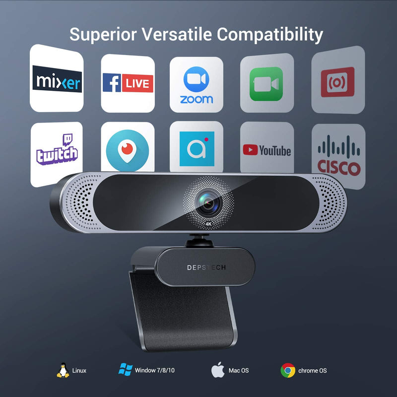 [Australia - AusPower] - DEPSTECH 4K Webcam, DW49 HD 8MP Equipped with Sony Sensor Autofocus Webcam with Microphone, Privacy Cover, Plug Play USB Computer Web Camera for Pro Streaming/Online Teaching/Video Calling/Zoom/Skype Black 