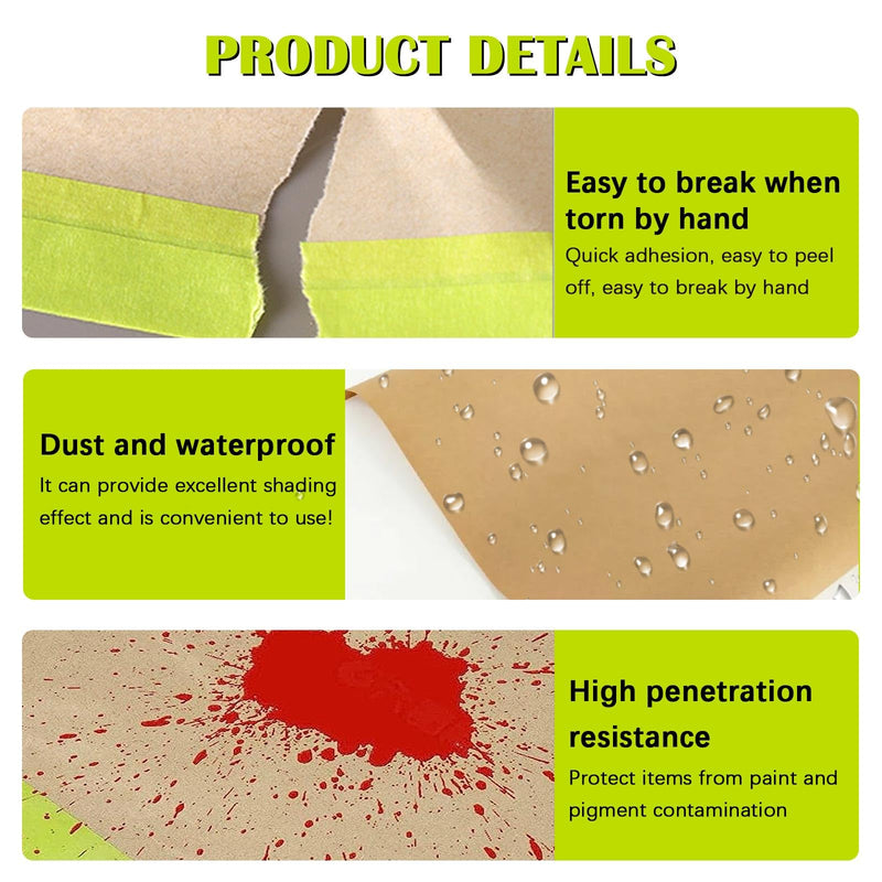 Pre-Taped Masking Paper for Painting, 6 inch x 50 feet Tape and Drape Painters Paper, Paint Adhesive Protective Paper Roll for Covering Skirting, Frames, Furniture and Auto Body (3 Rolls) Green 50ftx6in x3