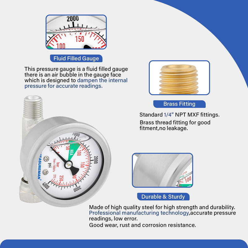 [Australia - AusPower] - MEASUREMAN HEA Spraying Pressure Gauge 0-4000PSI,1/4" NPT Fittings,Assembly with T Piece Fit for Titan/Wagner Airless Sprayer,Replacement for Titan 0580495, 580495 
