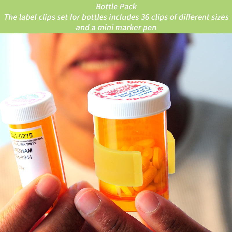 [Australia - AusPower] - 36pcs Medicine Bottle Label Clips, 3 Sizes Plastic Reusable Clips for Pill Bottles with Mini Marker Pen Pill Organizer for Easy Medication Identification for Home Travel(Yellow) 