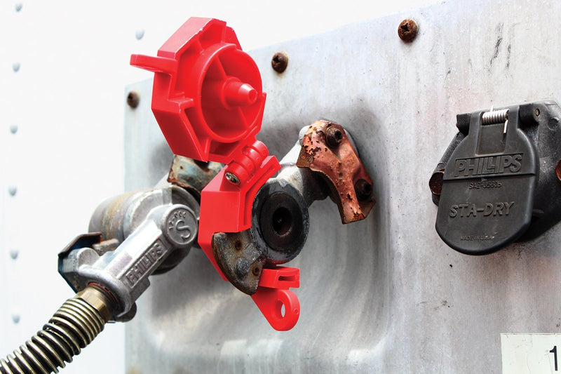 [Australia - AusPower] - Accuform KDD477 STOPOUT Trailer-Lock Glad Hand Lockout, Blocks Access to Air Line Connection, Plastic with Zinc-Coated Steel Hinge Pin, Red 