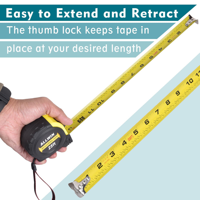 [Australia - AusPower] - Tape Measure 25 Ft - Metal Retractable Tape Measure with Fractions, Easy Read Steel Tape Measure, 1-inch Wide X 25 foot 25FT Inches with Fractions 