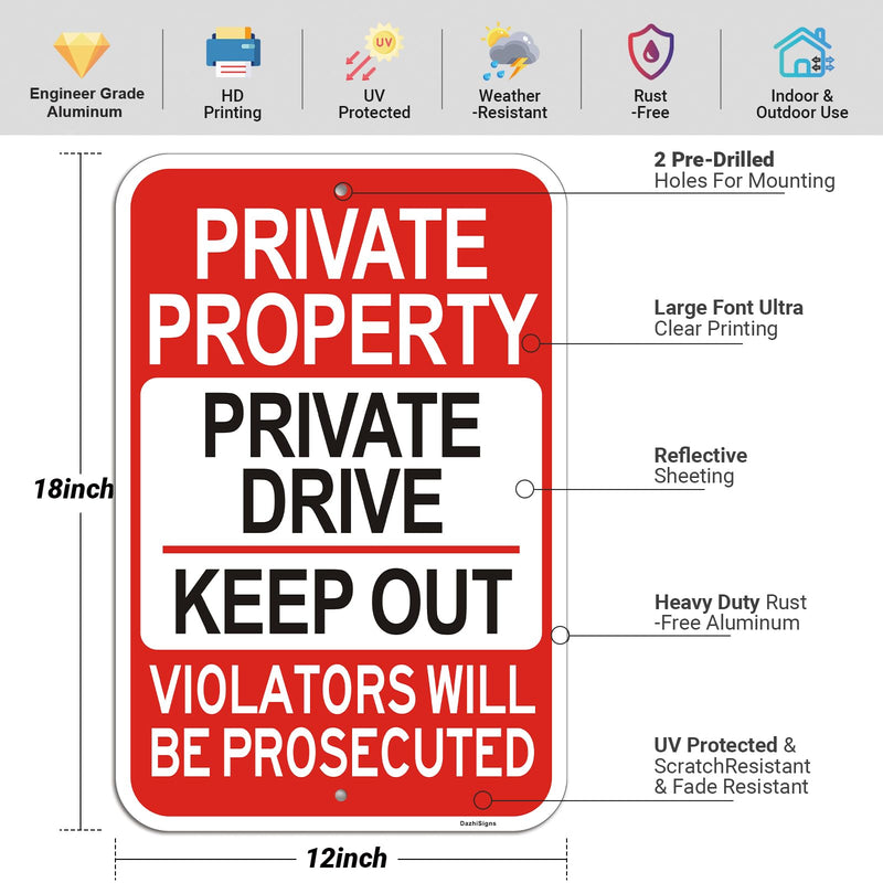 2 Pack Large Private Property Sign, 18"x12" Private Drive Sign, Engineer Grade Rust Free Reflective Aluminum Private Drive Private Property Signs, Fade & Weather Resistant, UV Protected, Easy to Mount