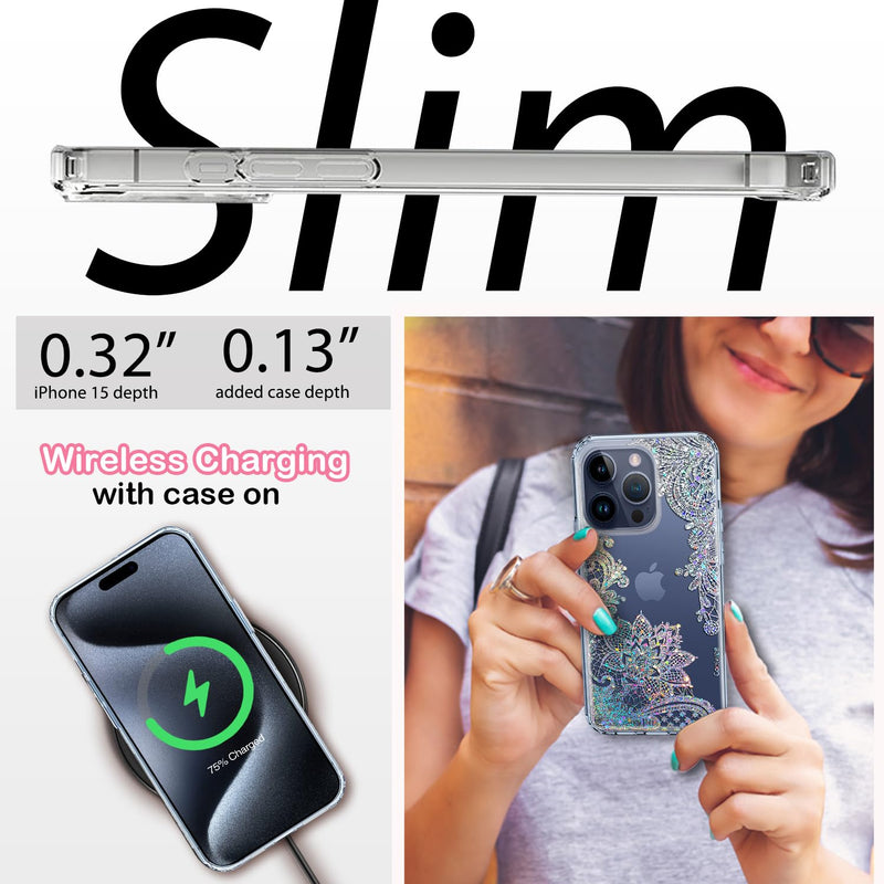 [Australia - AusPower] - Coolwee Anti Yellowing Clear Glitter for Apple iPhone 15 Pro Max Case Floral, 6.7 inch, 6.6ft Military Grade Protective Cute Mandala Crystal Bling Lace Slim TPU with Camera & Screen Protector Clear Glitter Lace 
