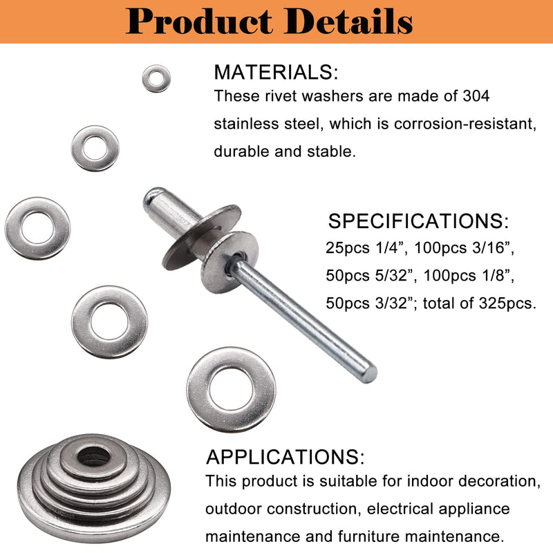 [Australia - AusPower] - 325pcs Stainless Steel Washers for Blind Pop Rivets Assortment Kit, Backup Rivet Washers Diameter 3/32 inch 1/8inch 5/32inch 3/16inch 1/4inch 