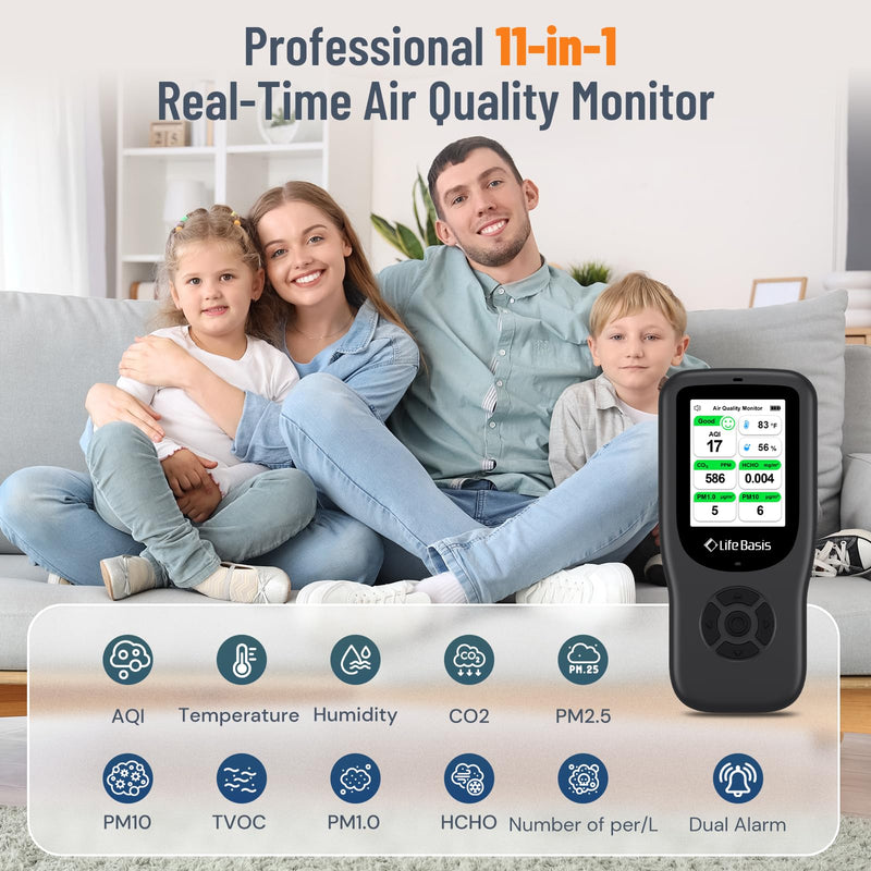 [Australia - AusPower] - LifeBasis Air Quality Monitor Indoor, 11-in-1 Air Quality Detector with Stand, Real-Time Air Meter Test AQI, PM1.0, PM2.5, PM10, CO2, TVOC, HCHO, Particles, Temperature and Humidity, Dual Alert -Black 