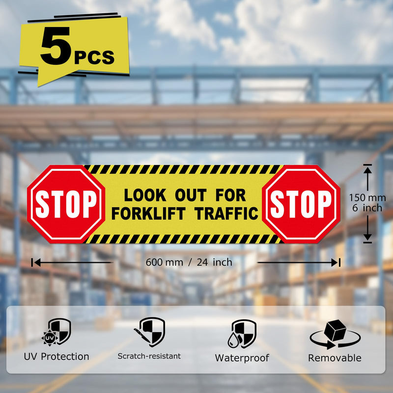 5 Pack Stop Look Out for Forklift Traffic Floor Sticker 24 × 6 Inches Caution Warning Safety Sign Self Adhesive Vinyl Waterproof Anti-Slip Signage for Construction Site Warehouse Workplace 5 Pack