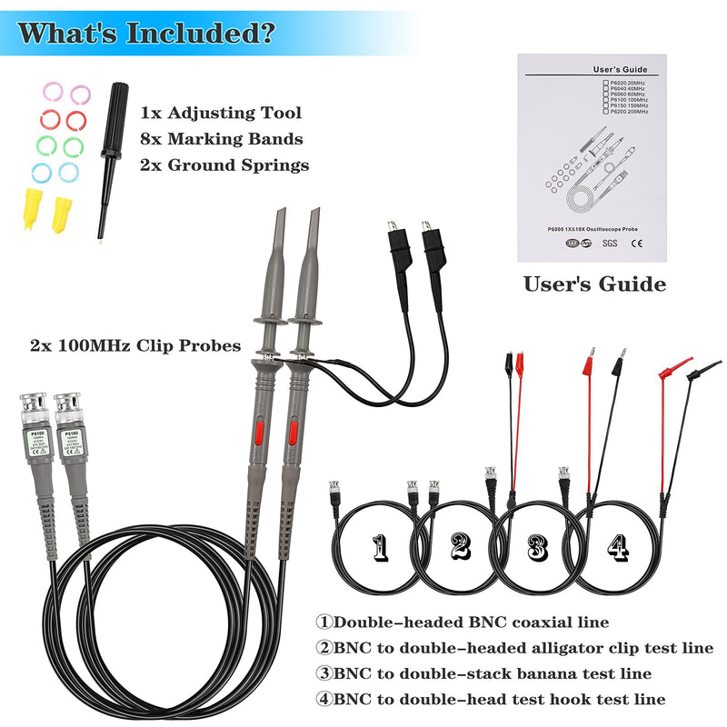 [Australia - AusPower] - Sumnacon P6100 Universal Oscilloscope Probe with Accessories Kit 2Pcs 100 MHz X1/X10 High Sensitivity Oscilloscope Clip Probes with BNC to Test Lead Kit, Mini Alligator Clip and Ground Lead 