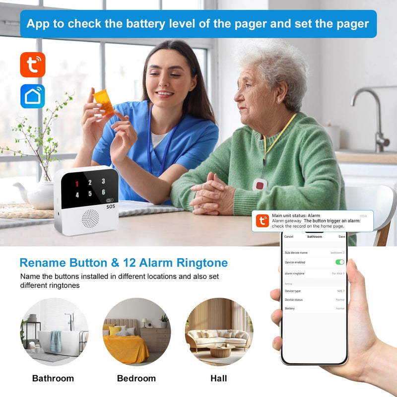 Life Alert Systems for Seniors No Monthly Fee, App-Controlled Caregiver Pager, 1–6 LED Number Reminder Function 1Waterproof Wrist Remote 2Call Button 1Receiver(Only Supports 2.4GHz Wi-Fi) 2 neckband remotes + 1 wristband+ 1 receiver