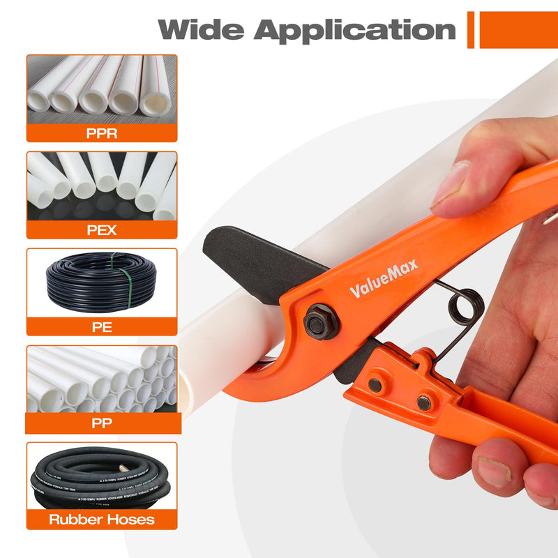 [Australia - AusPower] - ValueMax PEX Cutter with Teflon Coated Sharp Blade, Hose Cutter with 1/8"-1" Cutting Capacity, Tubing Cutter for PEX, PPR, PE, PP and Rubber Hoses, Suitable for Home and Plumbing Repairs 