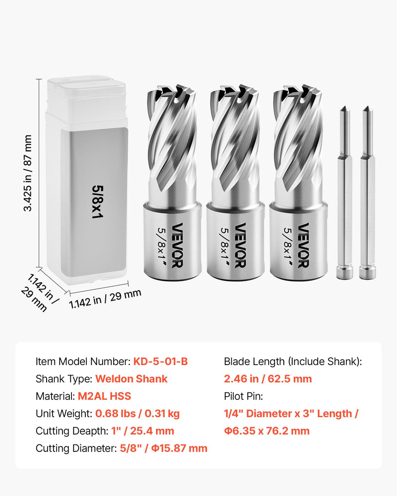 VEVOR Annular Cutter Set, 5 pcs Weldon Shank Mag Drill Bits Kit, 1" Cutting Depth, 5/8" Cutting Diameter, HSS, 3 Drill Bits with 2 Pilot Pins and 3 Plastic Cases, for Magnetic Drills, Steel, Aluminum (5/8" * 1")