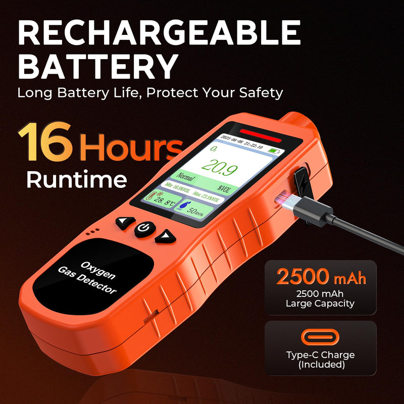 [Australia - AusPower] - Portable Oxygen Detector, Rechargeable O2 Monitor with Sound, Light, Vibration Alarms, Oxygen Air Quality Meter Measures Temperature & Humidity for Indoor Outdoor Use 