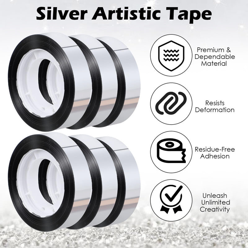 cobee 6 Rolls Mirror Tape, Silver 1.2 Cm Wide Decorative Tapes Self Adhesive, 25 M Washi Tape DIY Graphic Art Tapes for Tv Frame Wall Decor Crafts and Gift Box Wrapping