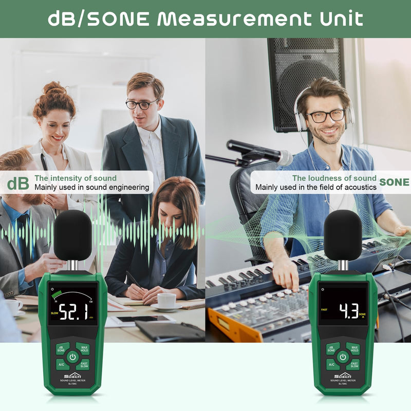SQECH Decibel Meter dB Meter Sound Level Meter Range 30-130dB | Volume meter with colored background display screen A/C rating dB/SONE units fast/slow response