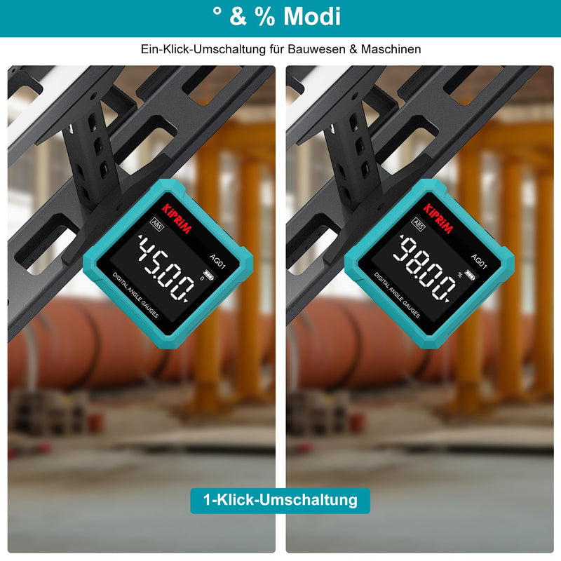 Kiprim AG01 Digital Inclinometer with Magnetic Base | 3-sided magnetic base, LCD backlight, absolute and relative measurement, suitable for construction and woodwork