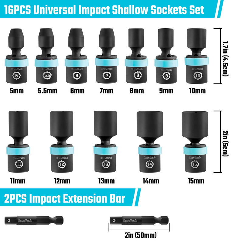 DURATECH 1/4" Drive Impact Universal Joint Socket Set, 14-Piece, 5mm-15mm | Swivel Socket Set, 360° Rotation, Metric, with 2" Extension Bars, 6-Point, Cr-Mo Steel, Organized in EVA Foam Organizer
