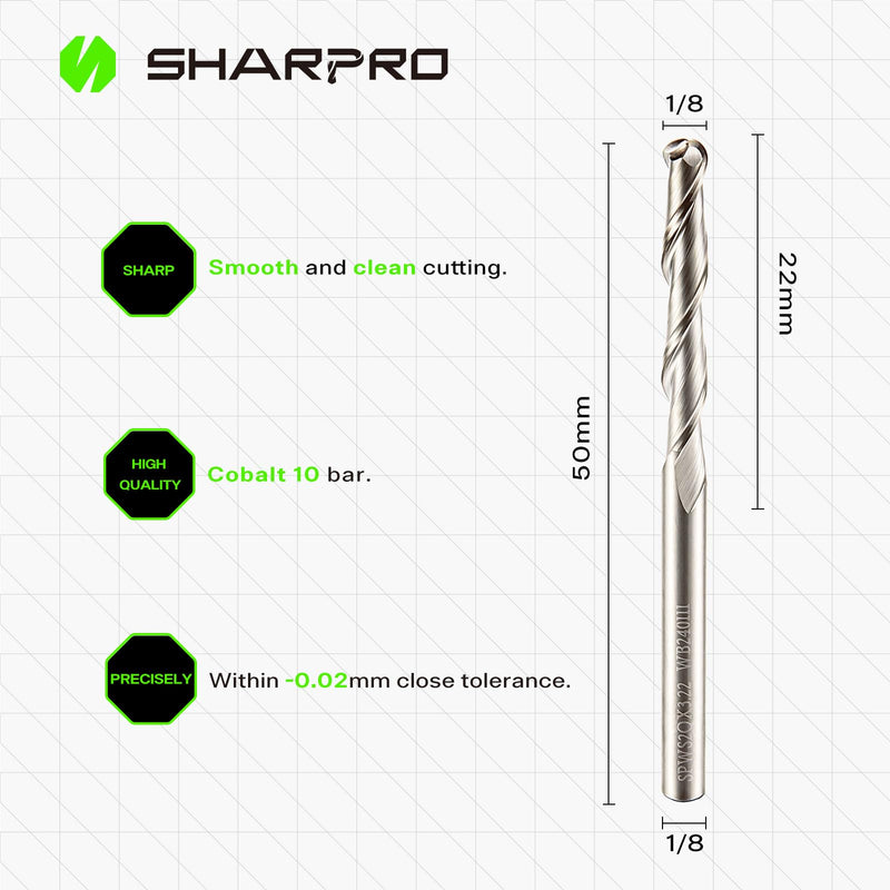 [Australia - AusPower] - Carbide Ball Nose CNC End Mill Bit 1/8 Inch Shank 1/8 Inch Cutting DIA. 22mm CL. 50mm OVL. Ball Nose CNC Router Bit, Ideal for Wood Cutting, Slot Mortise, Engraving 1/8 SHK 1/8 Dia 