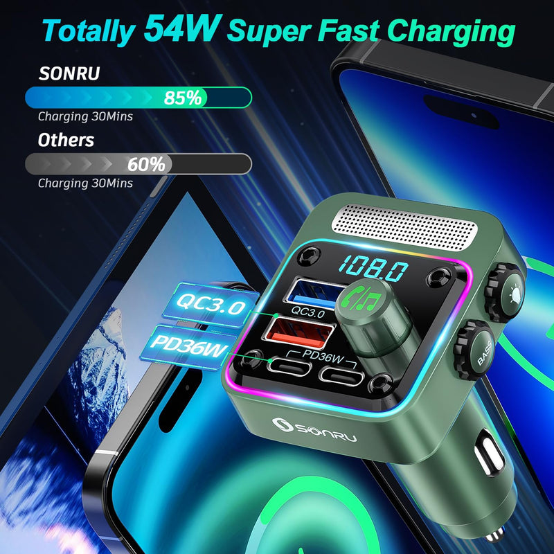 [Australia - AusPower] - Bluetooth 5.3 FM Transmitter Car Adapter - SONRU Car Charger 54W [PD 36W & QC3.0 18W], Wireless FM Radio Transmitter [HiFi Treble & Bass Player], 5 Colors LED Backlit, Hands-Free Calling, U-Disk FT1018-US 