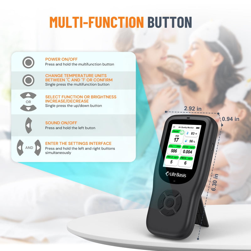 [Australia - AusPower] - LifeBasis Air Quality Monitor Indoor, 11-in-1 Air Quality Detector with Stand, Real-Time Air Meter Test AQI, PM1.0, PM2.5, PM10, CO2, TVOC, HCHO, Particles, Temperature and Humidity, Dual Alert -Black 