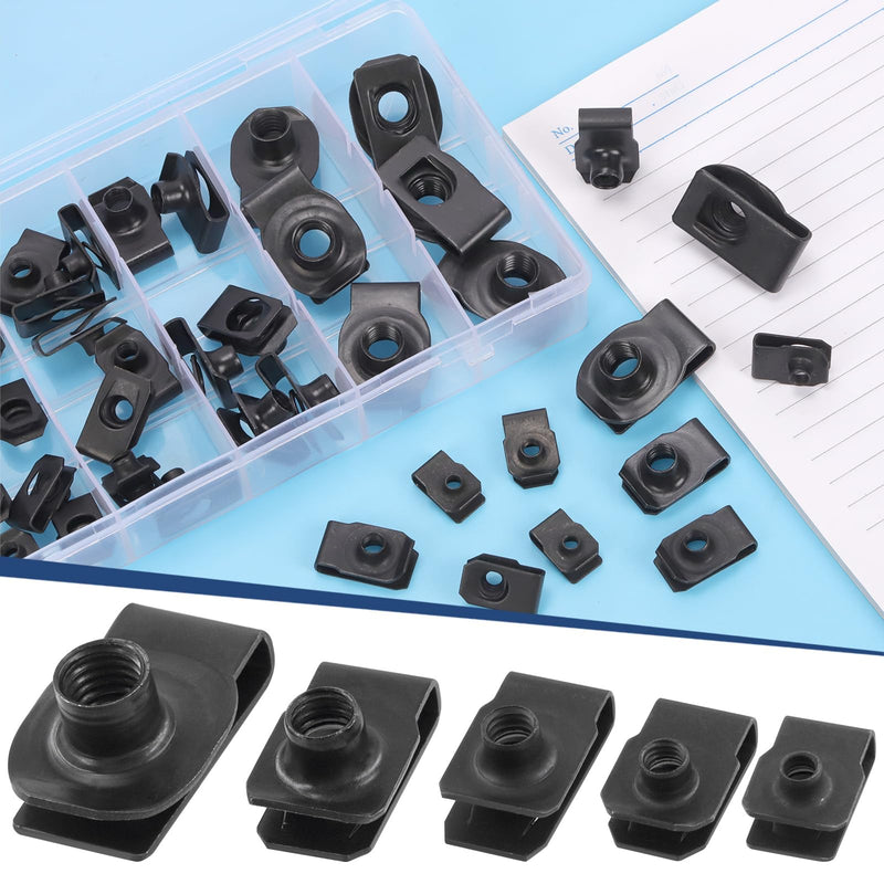 [Australia - AusPower] - Glarks 50pcs M4 M5 M6 M8 M10 U-Style Clip-On Nuts Set, Black Carbon Steel Thread Clip Nut, U Nuts Clamp Set, U-Shaped Nut, Automotive U-Clips for Engine, Fender, Bumper, Dash, Interior Trim Panels 