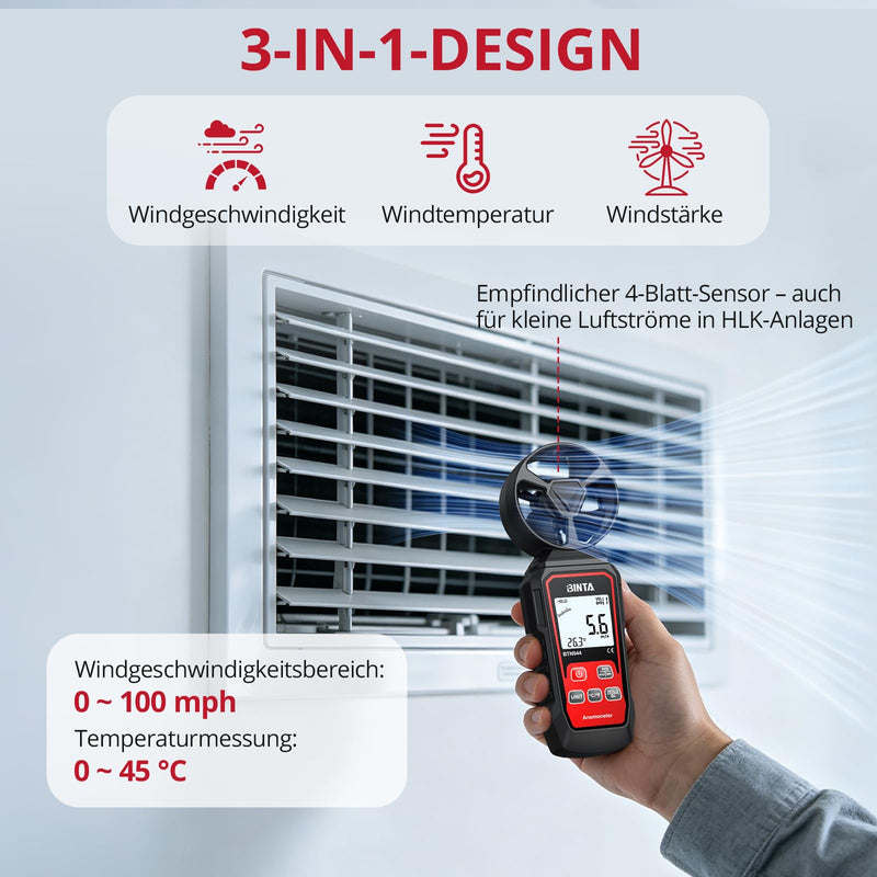 BINTA Digital Anemometer Windmesser digitales Windgeschwindigkeitsmessgerät | Windmessgerät mit Windgeschwindigkeit/Windkühlung, ℃/℉, Max/Min/Durchschnitt/Echtzeitmessung mit Hintergrundbeleuchtung