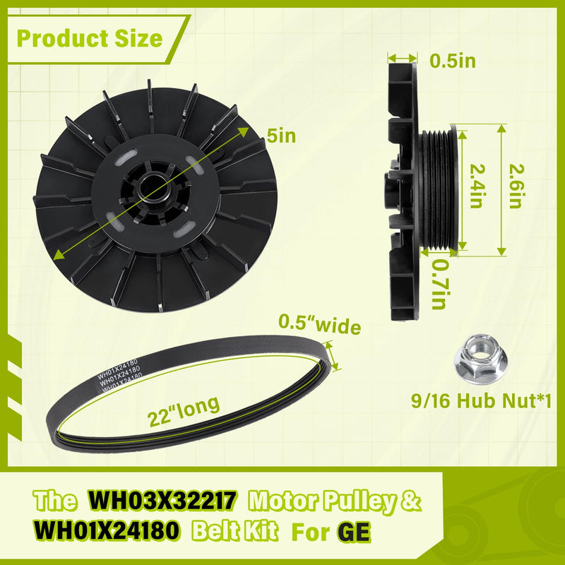 [Australia - AusPower] - WH03X32217 Washer 1/2 HP Motor Pulley & WH01X24180 Belt & Nut Kit Perfectly Compatible with GE Washer(some models), Replaces 4975025 4455970 WH07X24182 WH49X25377 290D1101P002 WH01X24180-50PK, etc. 
