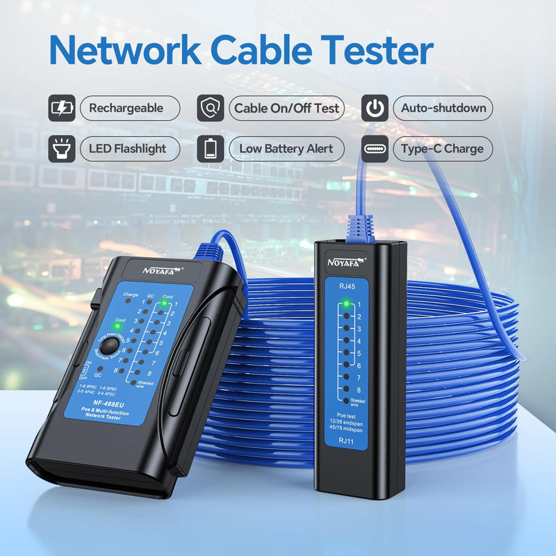 [Australia - AusPower] - NOYAFA Network Cable Tester, Ethernet Cable Tester, Cable Continuity Test-RJ45, RJ11, RJ12, RJ45, CAT5, CAT6, CAT6A, CAT7, POE Test for CAT3, UTP/STP Tester, Cat6 Tester, LAN Cable Test Tools 