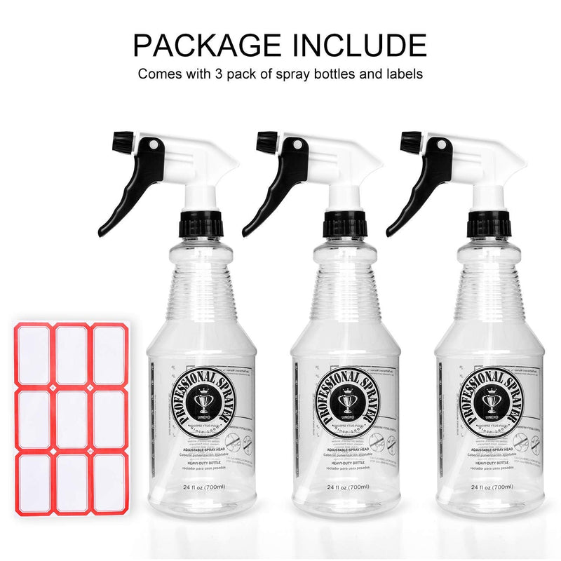 [Australia - AusPower] - Plastic Spray Bottle (24oz 3 Pack) for Cleaning Solutions, Car Detailing Care, Planting, Pet, Clear Finish, Heavy Duty Empty Spraying Bottles Mist Water Sprayer with Measurements & Adjustable Nozzle 3-Pack 