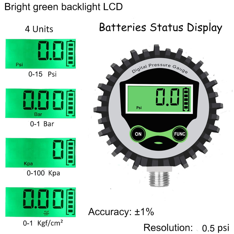 [Australia - AusPower] - Digital Low Pressure Gauge with 1/4'' NPT Bottom Connector and Rubber Protector by Uharbour, 0.35-15 psi, Accuracy 1% .F.S. 0.35-15PSI Bottom Mount 