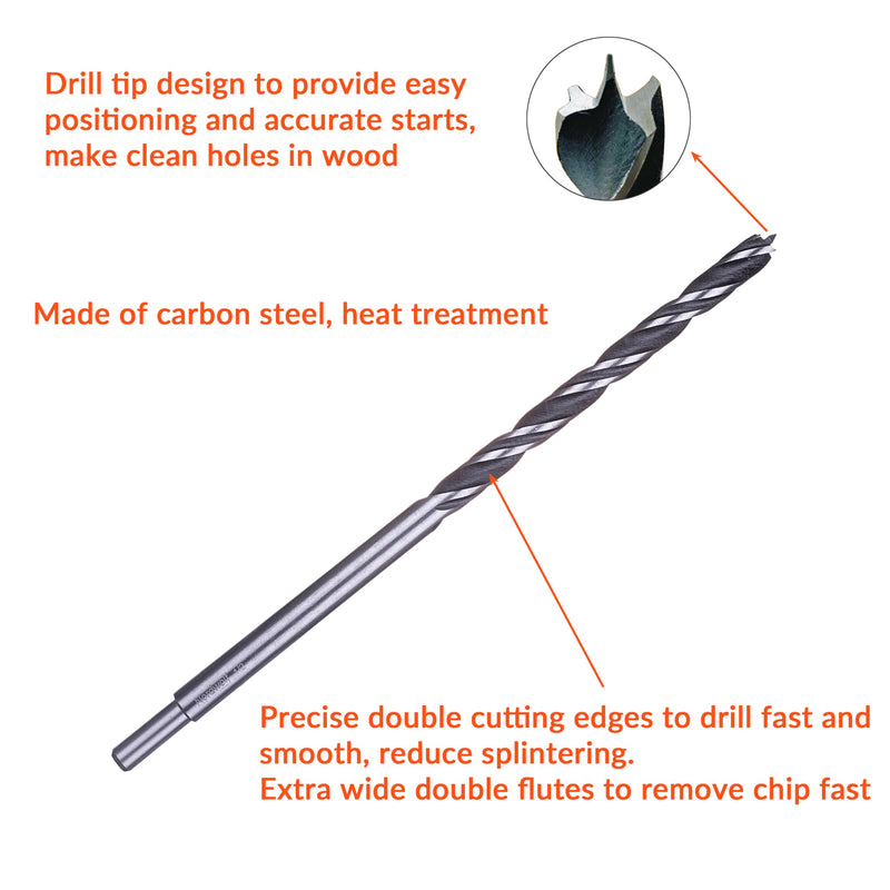 NordWolf 7-Piece 12" Extra Long Brad Point Wood Drill Bit Set, Double Lands & Double Flutes Design for Cutting Wood, PVC, Resin, MDF and Drywall, SAE Sizes 1/8" to 1/2" 1/8" to 1/2" (7 Pcs)