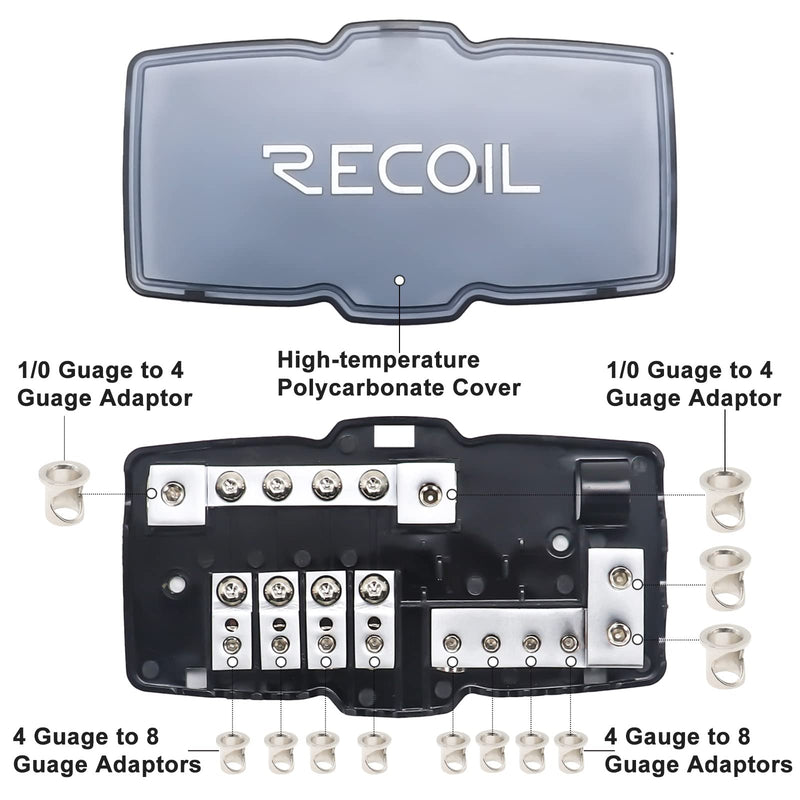 [Australia - AusPower] - RECOIL MPG4 4-Way Mini-ANL Fused Distribution Block with Ground Block, Each Positive and Negative Block with 2X 0/2/4 Gauge Inputs & 4X 4/8 Gauge Outputs, Fused Distribution Block with 12pcs Fuses 4-Way Fuse & Ground Combo Block, 2 Inputs & 4 Outputs 