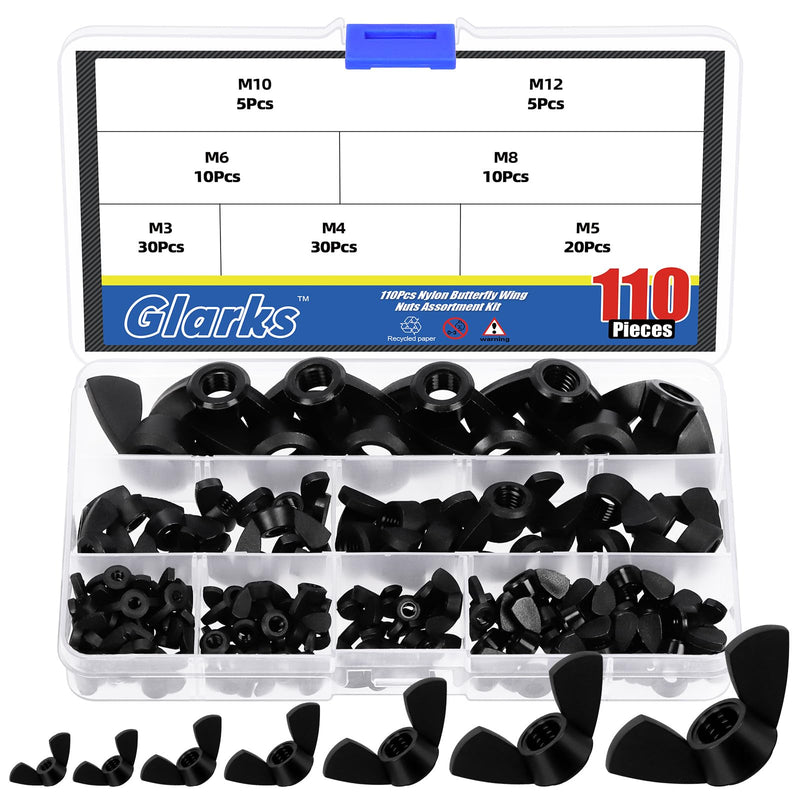 [Australia - AusPower] - Glarks 110Pcs 7 Sizes Black Wing Nuts Assortment Kit, M3, M4, M5, M6, M8, M10, M12, High Strength Nylon Butterfly Nuts, Wing Bolt Fasteners, Hand Twist Tighten Ear Wing Nuts 