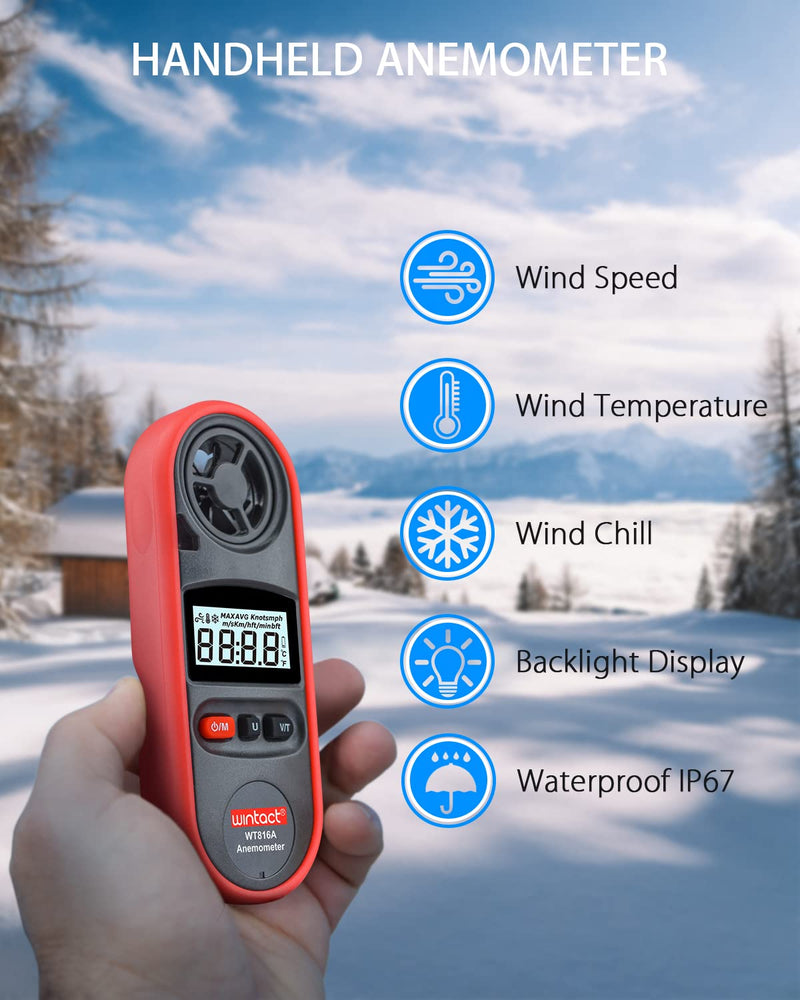 Wintact Handheld Anemometer, Digital Wind Speed Meter Gauge, Air Flow Velocity Tester with Measuring Wind Temperature 14℉ to 113℉ for HVAC Duct Outdoor Kite Boat Sailing Surfing (WT816A) WT816A