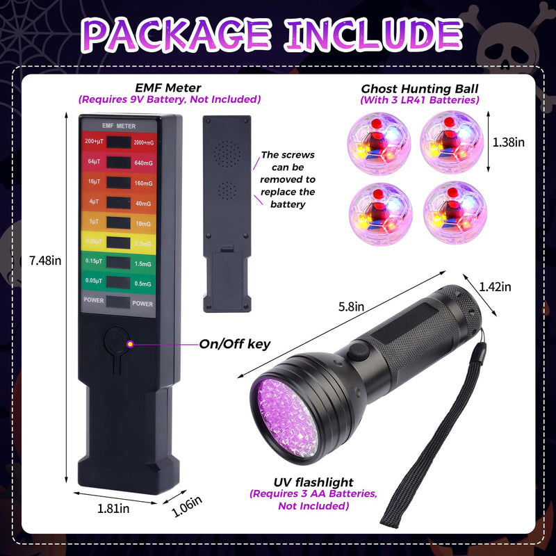 [Australia - AusPower] - Ghost Hunting Equipment Kit - 6 Pcs Set with Emf Meter, UV Flashlight, LED Light up Pet Cat Ball - Paranormal Investigation Gear for Home and Office Inspections - Great Gift Idea 