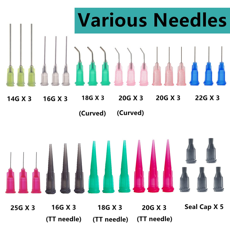 [Australia - AusPower] - 1ml, 3ml, 5ml, 10ml, 20ml Dispenser and 30ml+50ml Glue Bottle. 14ga, 16ga, 18ga, 20ga, 22ga, 25ga dispensing head and Caps. Measuring Liquids and Refilling (Dispenser Glue Bottle Set) 31 Pack 