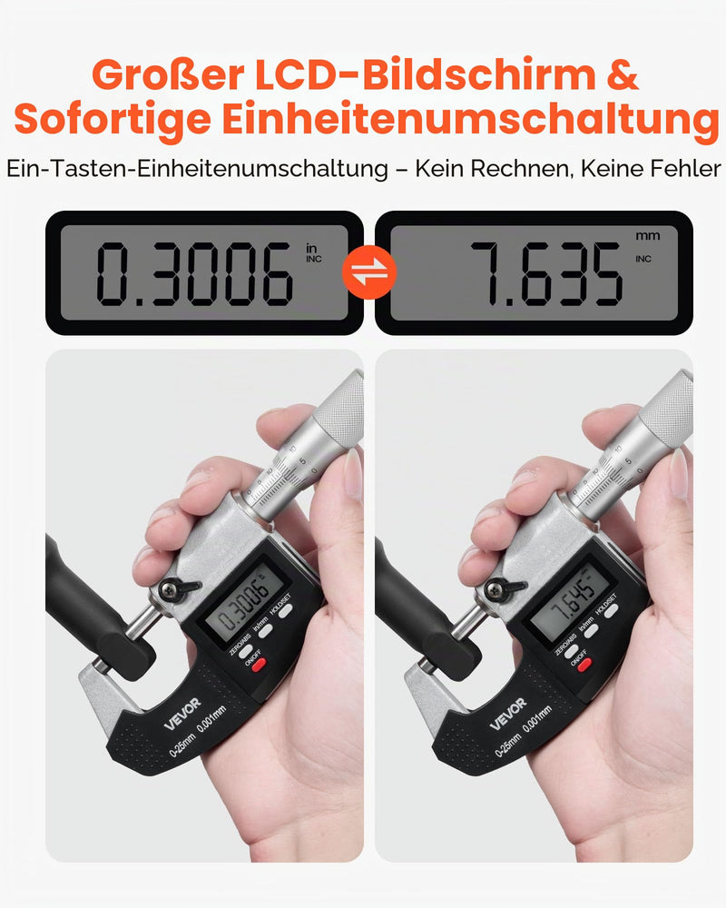 VEVOR Micrometer, Digital Micrometer, Measuring Range 0-25.4mm, Resolution 0.001mm, Highest Precision 0.003mm Accuracy, LCD Display, Inch/mm Switching, Carbide Tip, with Case