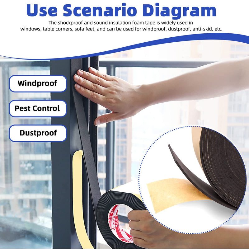 Glarks 1 Roll Self Adhesive Foam Insulation Tape with Scissors, 3" W x 1/8" T x 32.8' L High Density Shock-Absorbing Sound Proof Seal Strip Waterproof Weather Stripping Foam Tape for Door and Window