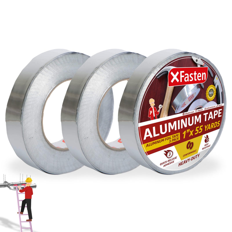 XFasten Aluminum Tape for Ductwork 1 Inch Width, (3-Pack) 3.6 mil High Heat Resistant, Heavy Duty Aluminum Foil Tape for Ductwork, Dryer, Vent, and Sealing HVAC for Ducts, 495 Feet Total 1-Inch x 55-Yards 3-Pack (495 Feet) Silver