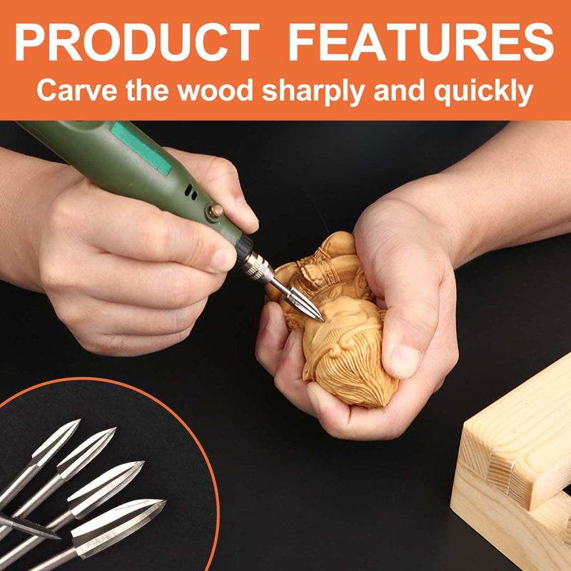 [Australia - AusPower] - 5pcs Wood Carving Tool, HSS Engraving Tool, Rotary Tools, 3 mm Shank, Wood Cutter Set for Precise Carving, Drilling and Creative DIY Projects in Various Sizes for Beginners and Professionals 
