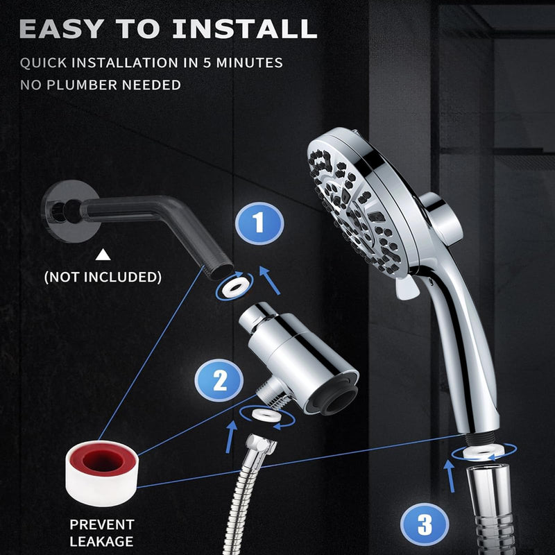 High Pressure Shower Head with Magnetic Back Fixed Base Design,Handheld Showerhead with Hose Set Stainless Steel 59 inches/5 ft 10-Setting 5 inches Large Face,Chrome Finish (Silver) Silver