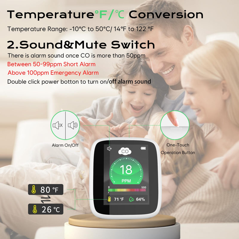 [Australia - AusPower] - Portable Carbon Monoxide Detectors for Travel,4-in-1 Indoor Air Quality Monitor, CO Detector Monitor Alarm with LCD Display Sound 120dB Warning, Carbon Monoxide with Temperature & Humidity for Home 