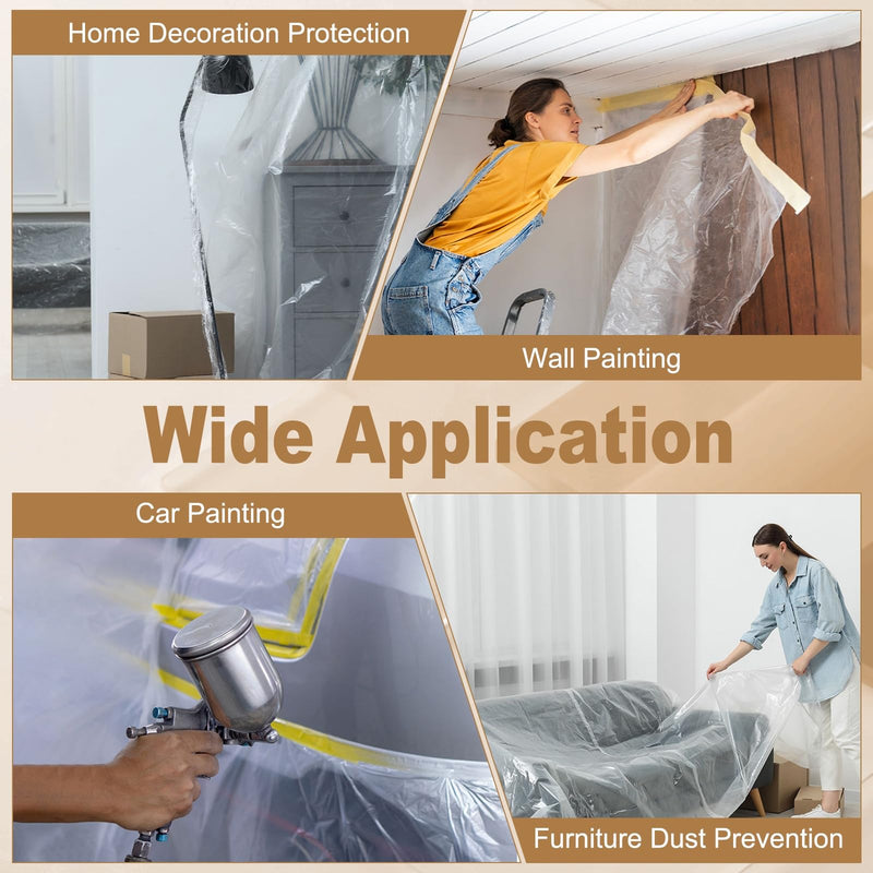 HARFINGTON 3pcs Pre-Taped Masking Film 43.3" x65ft Adhesive Tape and Drape Painters Plastic Drop Cloth Film with Tape Plastic Sheeting for Automotive Painting Covering, Clear 43.3"x65ft 3