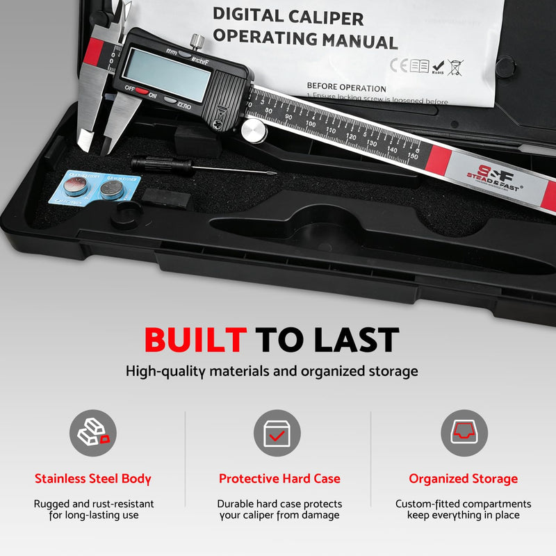 S&F STEAD & FAST Digital Calipers 6 inch, Caliper Measuring Tool, Stainless Steel Digital Micrometer to Measure Inch Fractions Millimeter, Auto-Off Vernier Caliper for DIY, Woodworking