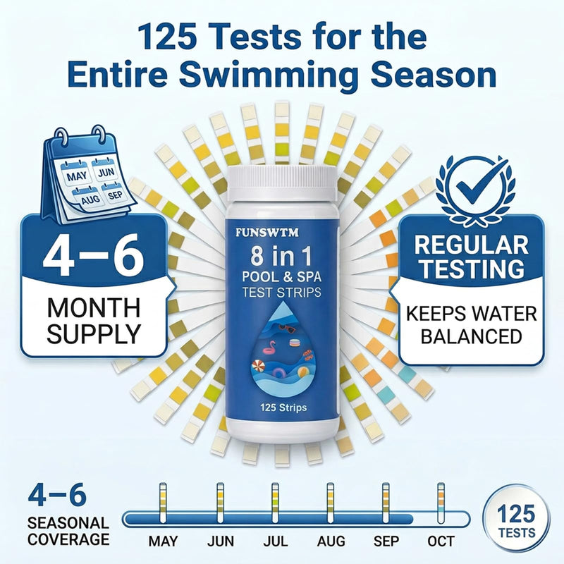 [Australia - AusPower] - 2026 New 8 in 1 Pool Salt Test Strips: 125 Strips Salt Water Pool Testing Kit for Freshwater and Saltwater Pool, Hot Tub Spa -Easy to Testing for Salt, pH, Chlorine, Bromine, Alkalinity, Hardness, CYA 8IN1-125PCS 