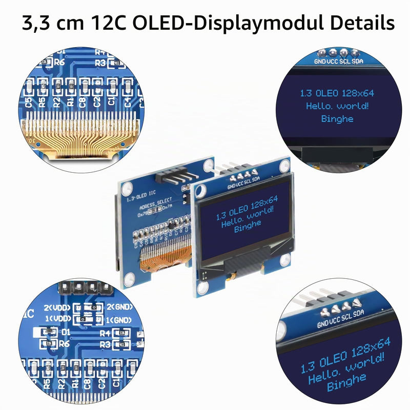 Binghe 3 Pieces 1.3 Inch OLED I2C Display Module 1106 Chip 128 x 64 Pixel Compatible with Arduino/Rasp-Pi