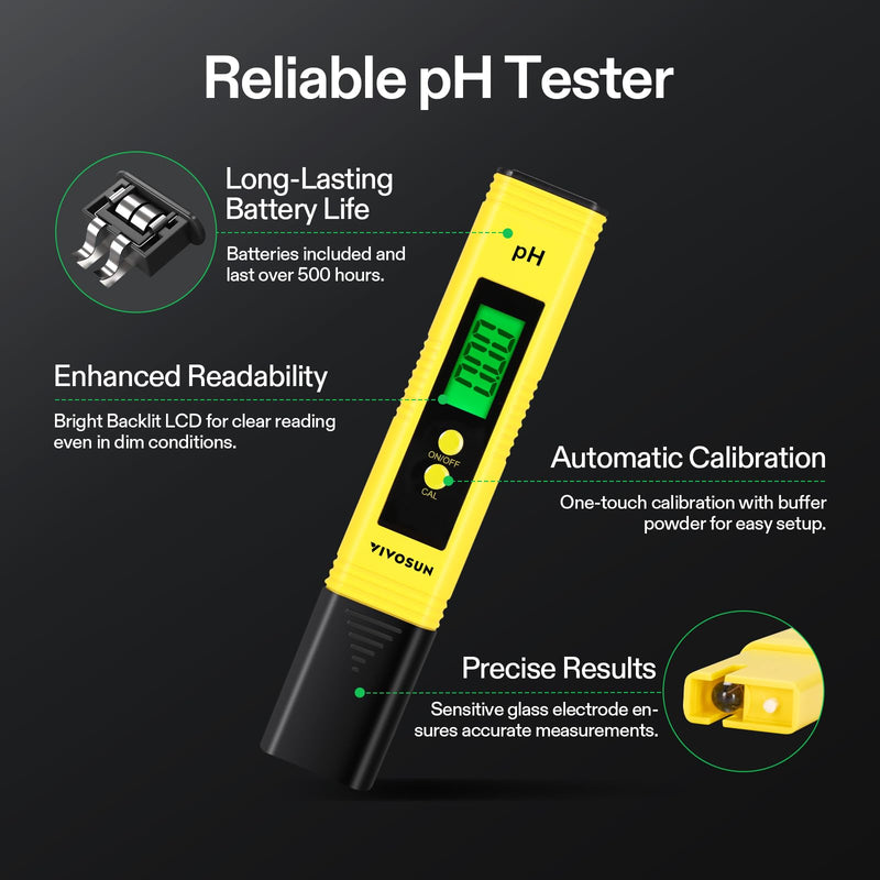 VIVOSUN Digital PH Meter, TDS and EC Pen for Water, Soil Moisture Tester for Hydroponics, Pool and Aquarium, Yellow Blue, UL Certified