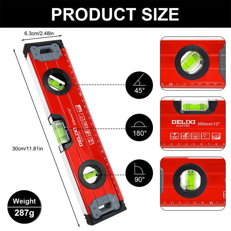 Flintronic 30 cm Spirit Level, Small and Magnetic, Lightweight Aluminum Profile, with Three Levels, 45°/90°/180°, Red 30cm